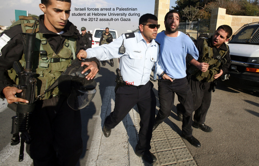 Israeli soldiers arrest a Palestinian protester during a Palestinian protest at Hebrew University in Jerusalem,